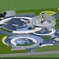 Playground Park Landscape With Circular Design Blue White Color Lawn Areas And Play Equipment