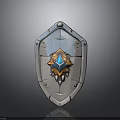Ornate Metal Shield As Fantasy Weapon With Central Blue And Orange Gem And Rivets