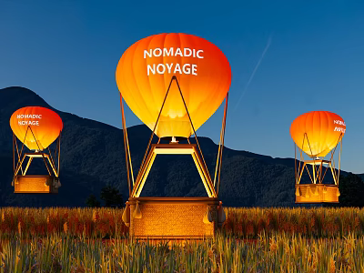 Nomadic Noyage Hot Air Balloons Soaring Over Mountain And Rural Green Field 3d model