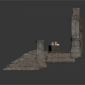 Ancient Stone Architectural Structure With Arch Grille Staircase And Pedestals