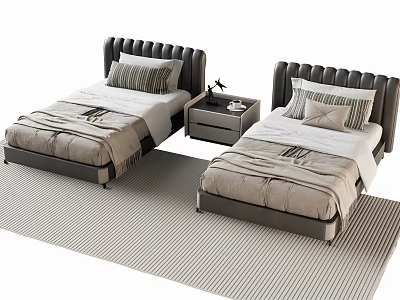 Two Single Beds With Upholstered Headboards Light Bedding Nightstand Table Lamp Striped Rug 3d model