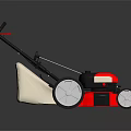 Red And White Lawn Mower With Black Handle White Wheels And Grass Bag