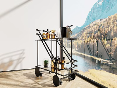 Modern Commercial Black Metal Rolling Bar Cart With Bottles And Glasses 3d model
