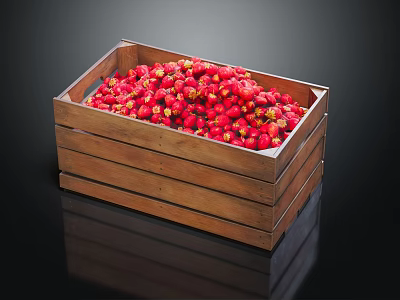 Fresh Red Strawberries Filled in Wooden Crate With Yellow Seeds On Dark Background 3d model