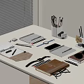 Workspace Desk With Notebooks Pens Scissors Glasses And Organizer Near Window Blinds