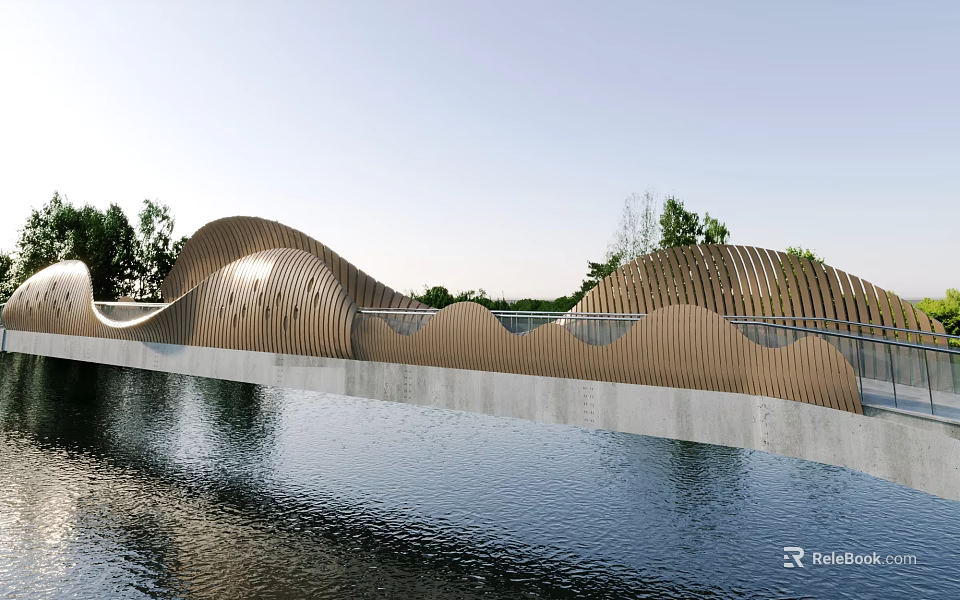 Modern Wavy Landscape Bridge With Wooden Railings Over River And Green Trees 3d model 