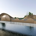 Modern Wavy Landscape Bridge With Wooden Railings Over River And Green Trees