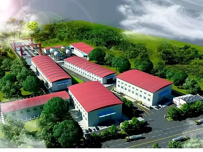 Industrial Factory Complex With Red Roofs Lush Trees And Green Surroundings 3d model