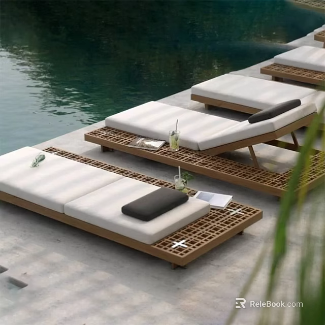 Modern Outdoor Lounge Chairs With Wooden Frame White Cushions And Black Pillows By Poolside 3d model 