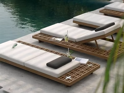 Modern Outdoor Lounge Chairs With Wooden Frame White Cushions And Black Pillows By Poolside 3d model