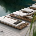 Modern Outdoor Lounge Chairs With Wooden Frame White Cushions And Black Pillows By Poolside