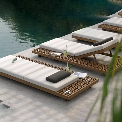 Modern Outdoor Lounge Chairs With Wooden Frame White Cushions And Black Pillows By Poolside 3d model