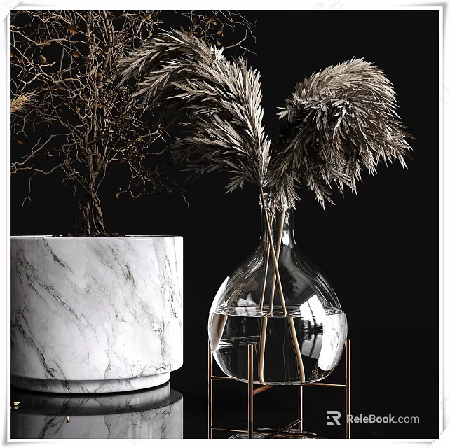 Elegant Decorative Ornament Combination With Marble Planter Glass Vase And Dried Pampas Grass 3d model 