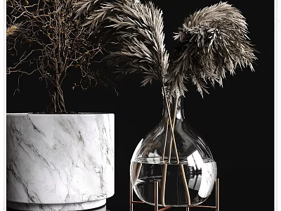 Elegant Decorative Ornament Combination With Marble Planter Glass Vase And Dried Pampas Grass 3d model