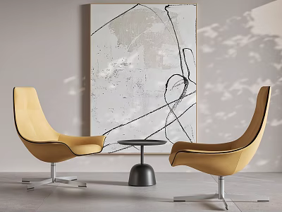 Yellow Modern Lounge Chairs With Metal Legs Round Black Table And Abstract Art 3d model