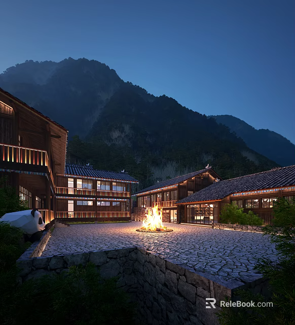 Traditional Wooden Guesthouse Building With Courtyard Bonfire And Mountain View At Night 3d model 