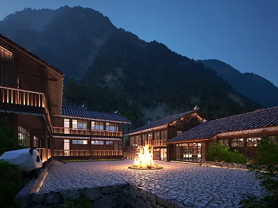Traditional Wooden Guesthouse Building With Courtyard Bonfire And Mountain View At Night 3d model