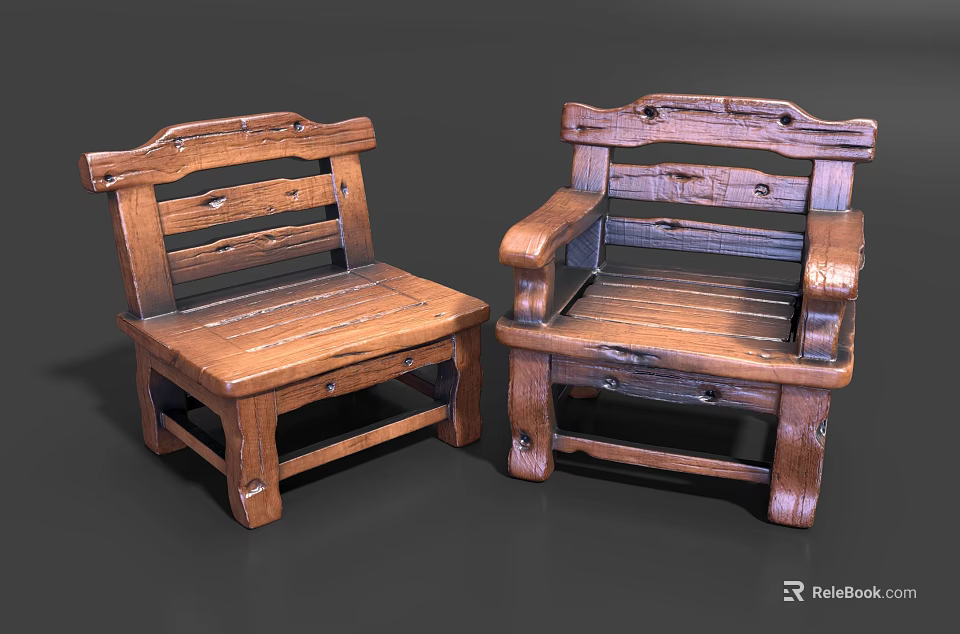 Two Traditional Wooden Outdoor Chairs With Armrests And Backrest For Garden 3d model 