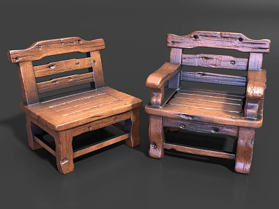 Two Traditional Wooden Outdoor Chairs With Armrests And Backrest For Garden 3d model
