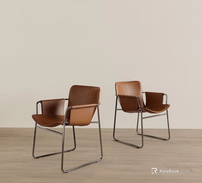 Brown Leather Leisure Chairs with Metal Frame on Wooden Floor Light Wall Background 3d model 