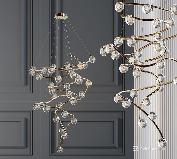 Stylish Chandelier With Branch Like Golden Frame And Hanging Transparent Crystal Balls 3d model 