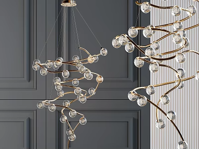 Stylish Chandelier With Branch Like Golden Frame And Hanging Transparent Crystal Balls 3d model