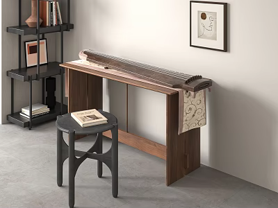 Traditional Chinese Guzheng on Wooden Table with Stool and Framed Picture in Room Interior 3d model