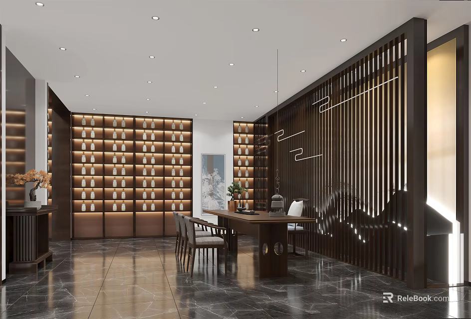 Modern Interior Design With Wooden Bookshelves Dining Table And Decorative Screens 3d model 