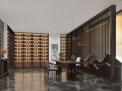 Modern Interior Design With Wooden Bookshelves Dining Table And Decorative Screens 3d model