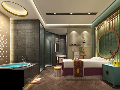 Elegant SPA Sauna Interior Featuring Bathtub Massage Bed Round Mirror And Wooden Decor 3d model