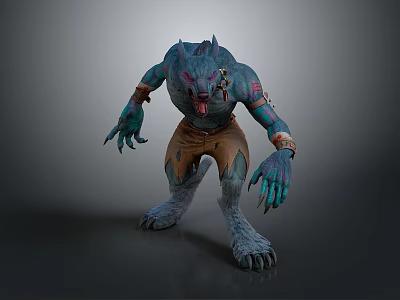 Blue Werewolf Creature With Sharp Fangs Claws Brown Pants And Gray Background 3d model