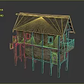 Traditional Wooden Stilt House Featuring Thatch Roof And Wooden Balcony
