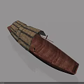 Traditional Wooden Boat With Striped Canopy And Brown Hull Structure