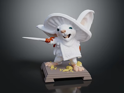 Cute Anthropomorphic Mouse Character Wearing Large Hat Holding Sword on Base with Yellow Shards 3d model