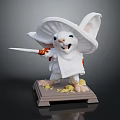 Cute Anthropomorphic Mouse Character Wearing Large Hat Holding Sword on Base with Yellow Shards