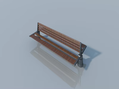 Brown Wooden Bench With Black Metal Legs And Reflection On Light Blue Surface 3d model