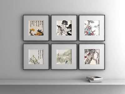 Chinese Traditional Framed Paintings on White Wall with Floral Bird and Figure Art and Books 3d model