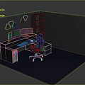 Modern Ergonomic Office Desk Interior With Blue Chair And Wall Shelves And LED Lights