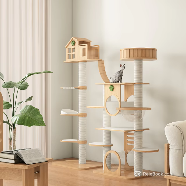 Indoor Wooden Cat Tree With Multi Level Platforms Cat House And Scratching Posts 3d model 