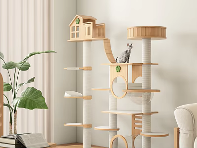 Indoor Wooden Cat Tree With Multi Level Platforms Cat House And Scratching Posts 3d model