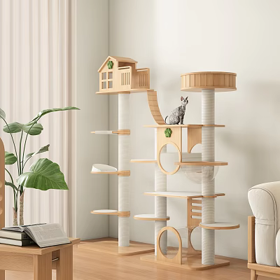 Indoor Wooden Cat Tree With Multi Level Platforms Cat House And Scratching Posts 3d model