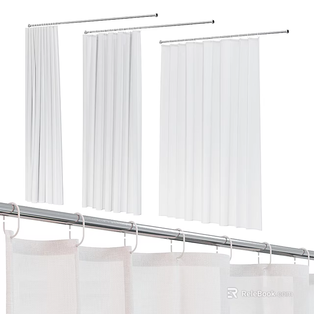 Stylish White Pleated Shower Curtains And Hanging Shower Rod Bathroom Accessories 3d model 