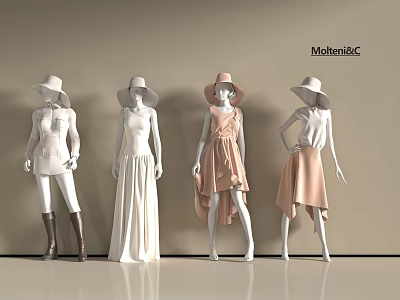 Four Fashion Mannequins Displaying Stylish Outfits With Hats Dresses Skirts And Brown Boots 3d model