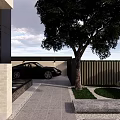 Modern Garden Landscape With Stone Pathway Outdoor Lighting And Covered Seating Area