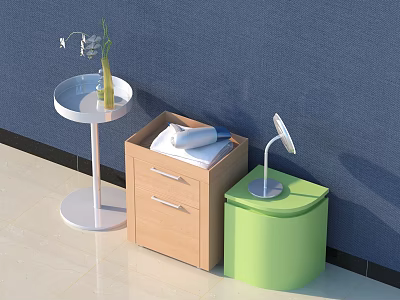 Wooden And Green Bedside Tables With Drawers Lamp Rolled Towels And White Side Table With Yellow Vase 3d model