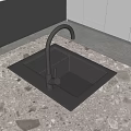 Black Kitchen Sink on Patterned Countertop with Modern Faucet in Contemporary Kitchen with White Cabinets