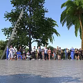 Group of People in Outdoor Plaza with Trees Palm Trees Stone Pavement Under Clear Sky