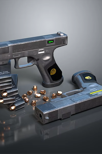 Tactical Modern Pistol Weapon With Metallic Design And Scattered Bullets 3d model