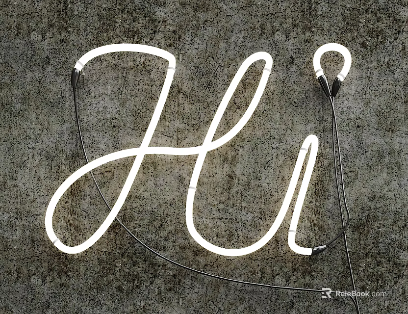 Decorative Neon Light with Handwritten Hi Shape on Gray Textured Wall 3d model 