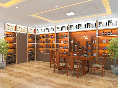 Tobacco and Liquor Store Interior With Wine Display Shelves Tables Chairs And Decorative Plants 3d model